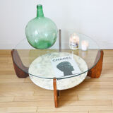 Table basse Hugues Poignant marbre, verre et teck années 60