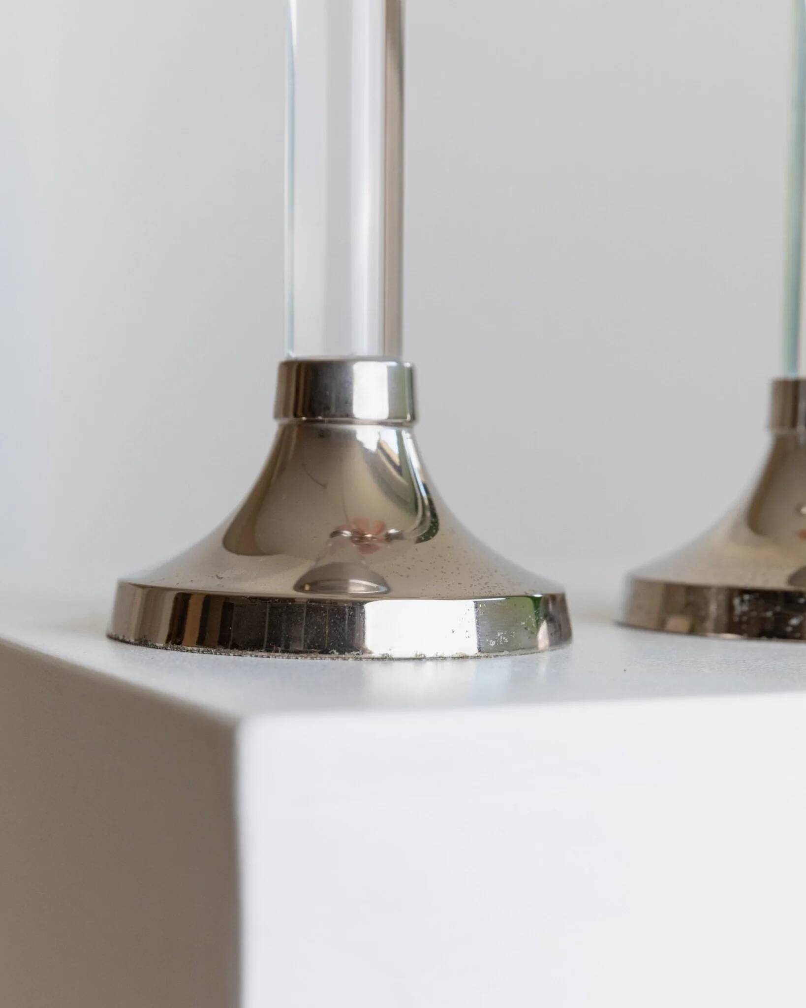 Two Vintage Candlesticks: Transparent Plexiglas & Chrome-Plated Metal, Italy 1970s Mid-Century Design