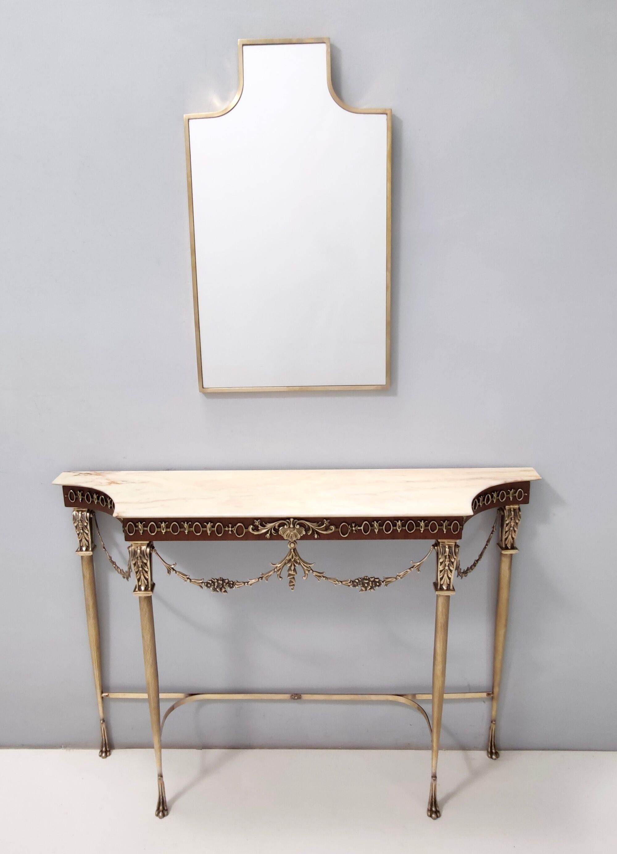 Vintage walnut console with a portuguese pink marble top and brass frame, italy