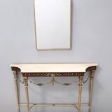 Vintage walnut console with a portuguese pink marble top and brass frame, italy