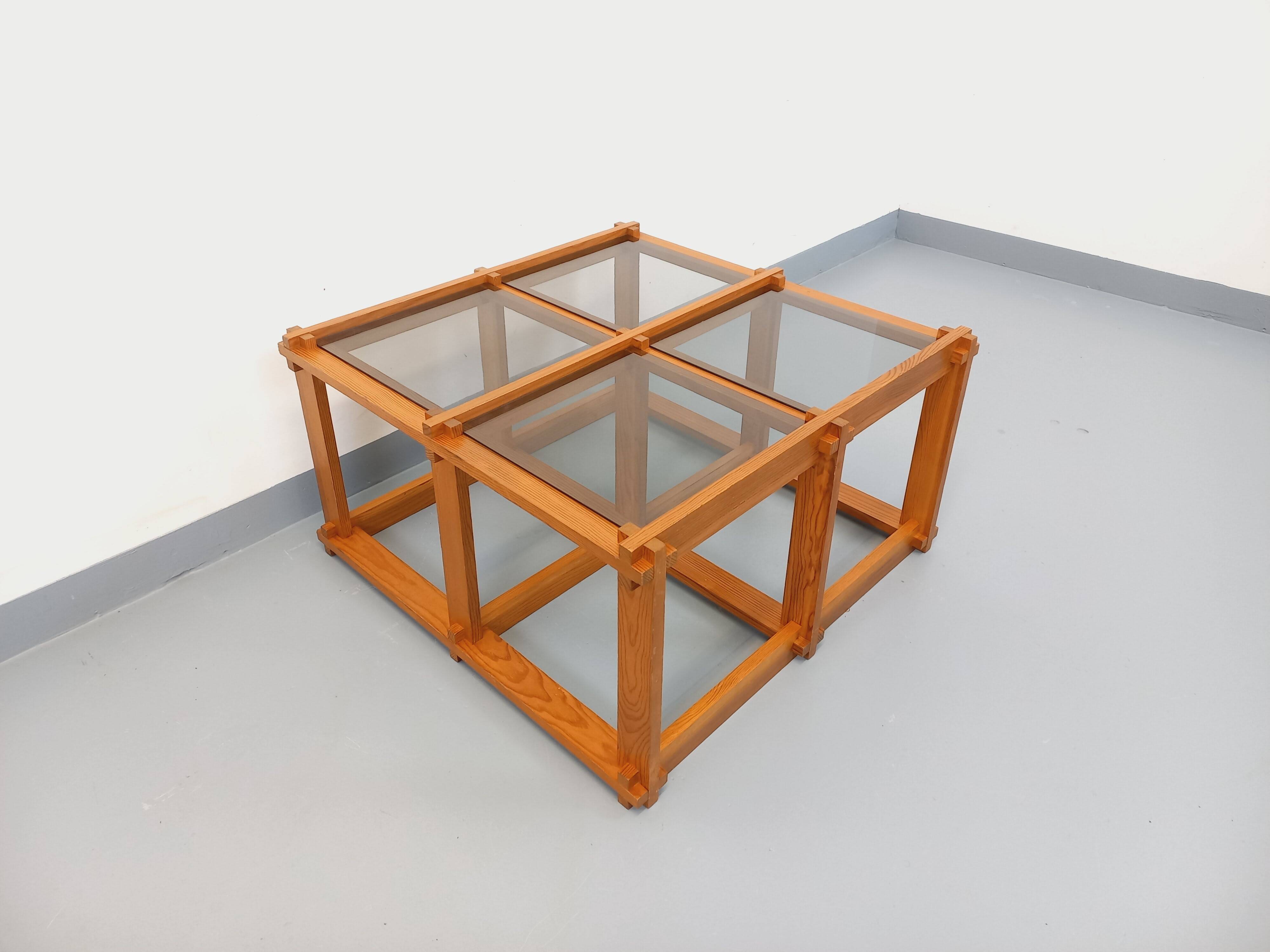 Vintage square coffee table in pine and smoked glass from the 70s and 80s.