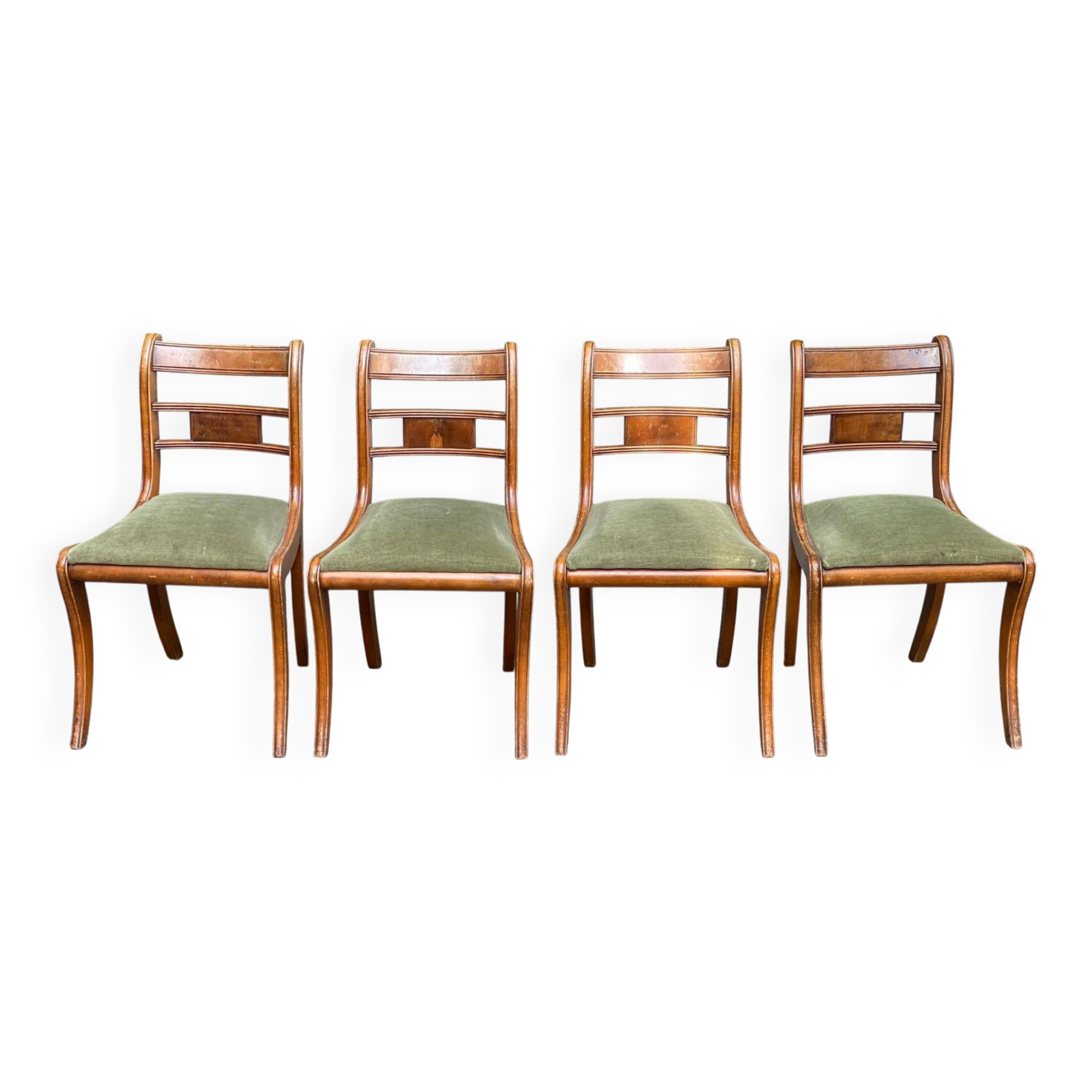 4 regency chairs in solid wood and green velvet suede
