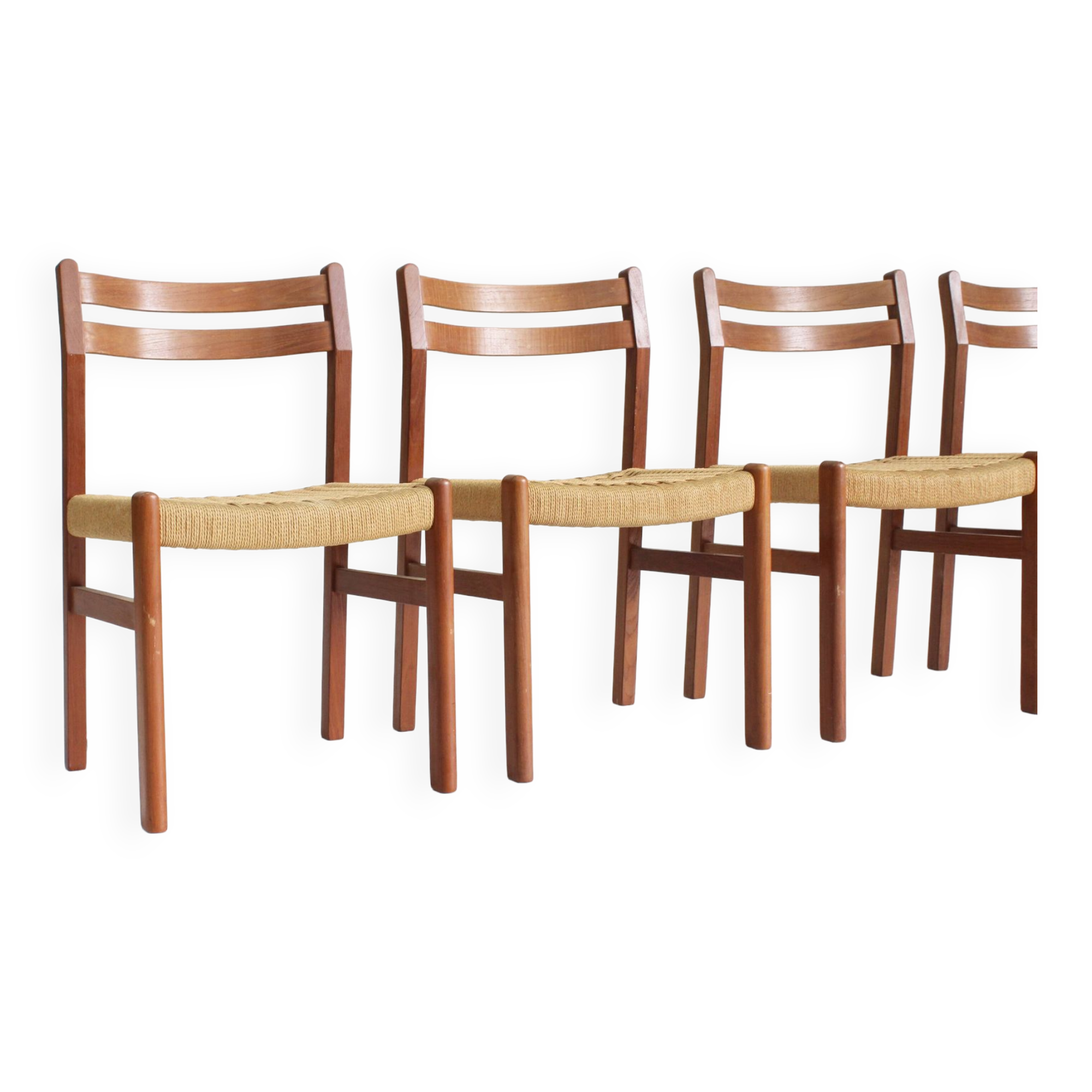 Mid Century Danish teak and paper cord dining chairs 1960s , set of 4