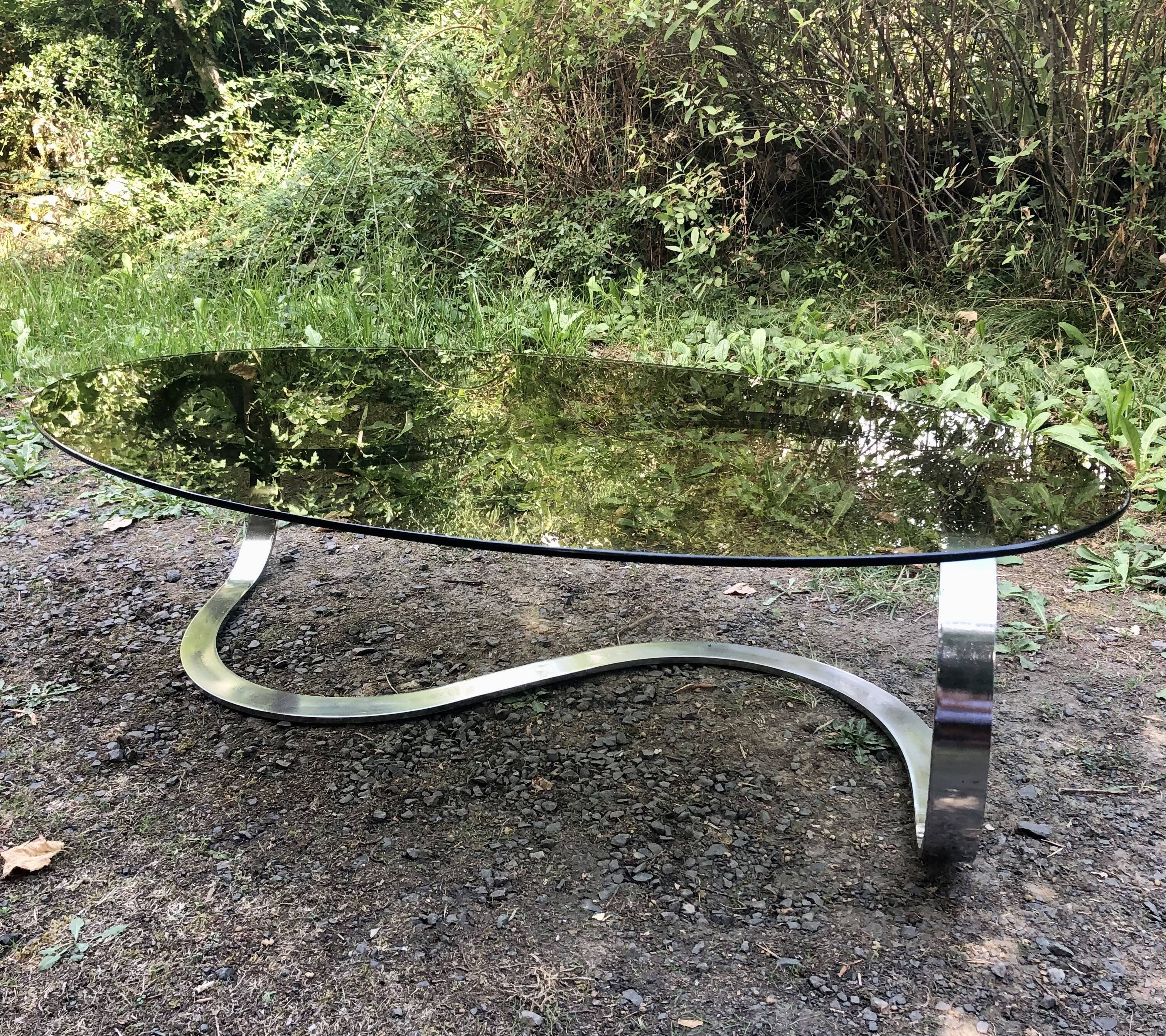 Coffee table smoked glass and chrome metal foot