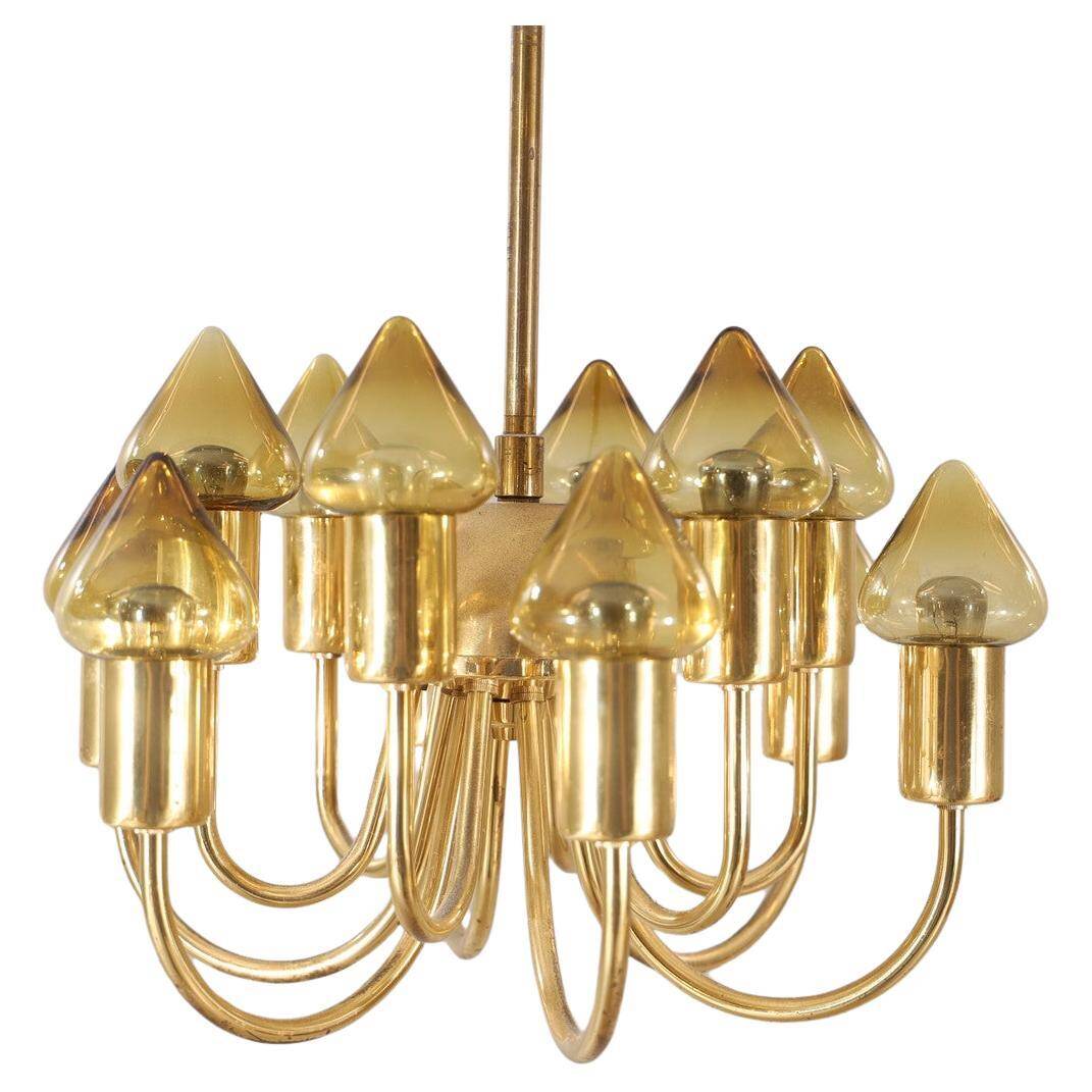 Hans-Agne Jakobsson 12-Armed Brass and Glass Model T 789/12 Chandelier, 1960s