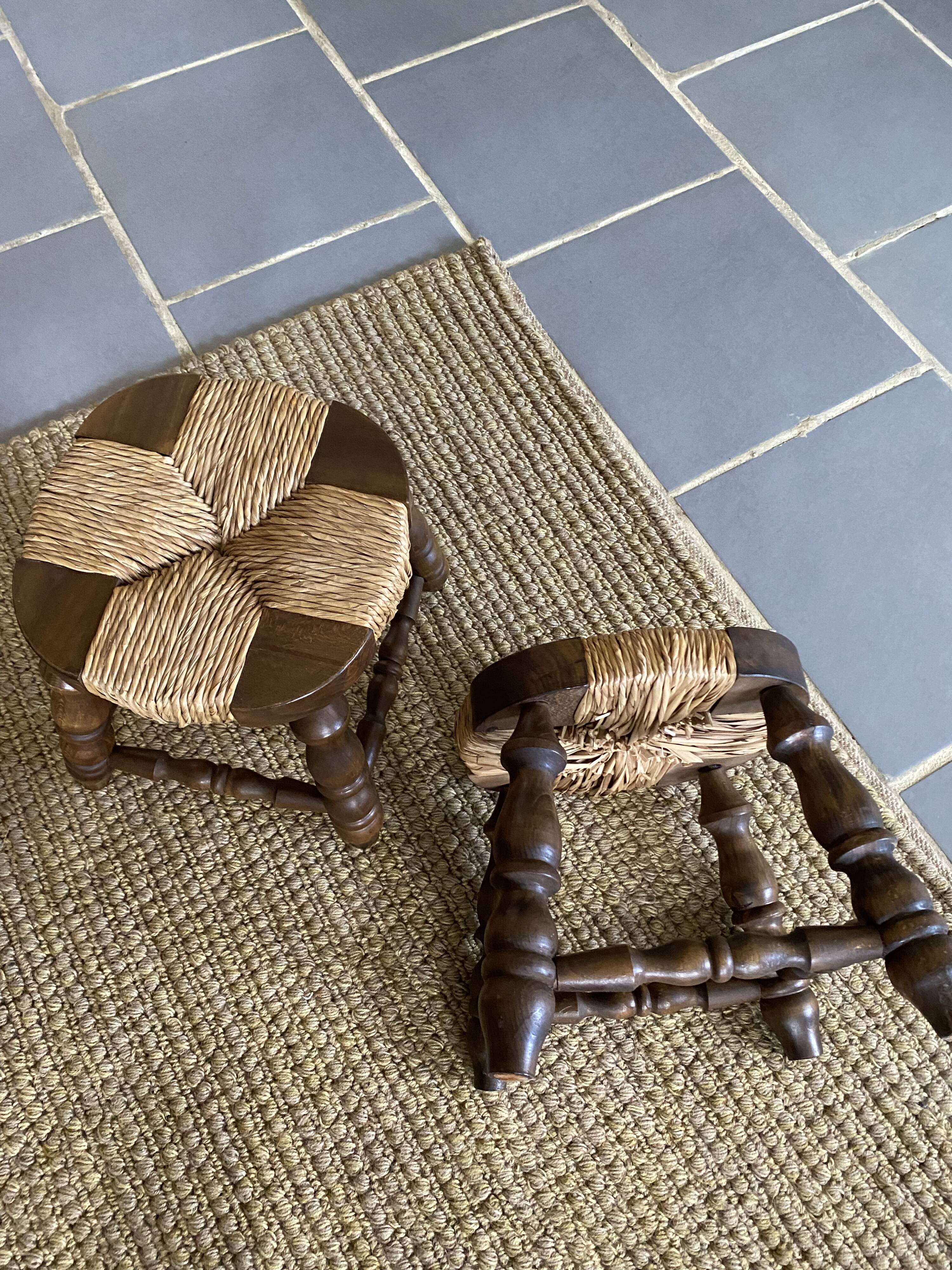 Paire de tabourets bois et paille vintage