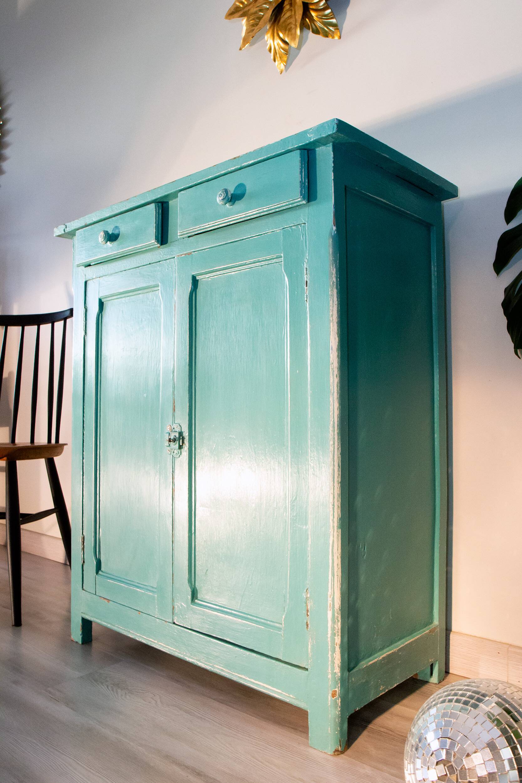 Parisian water green sideboard, patinated wood, 1950