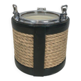Ice bucket in leather, rope, and chrome. In the style of Jacques Adnet