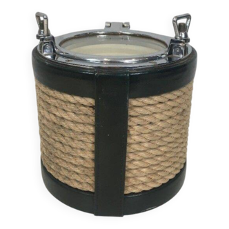 Ice bucket in leather, rope, and chrome. In the style of Jacques Adnet