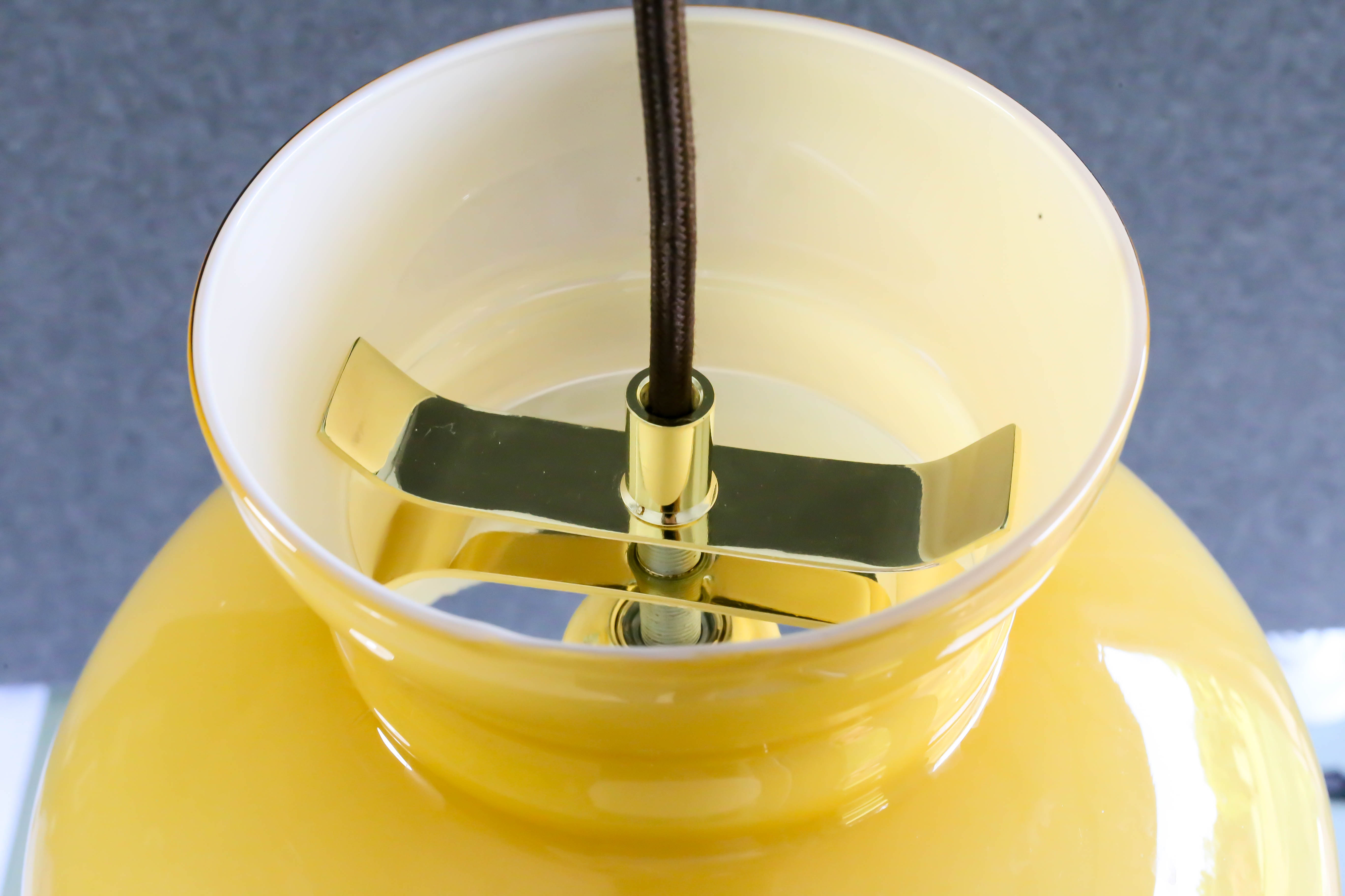 Old yellow glass suspension, mounted with new cable and new socket - circa 1950