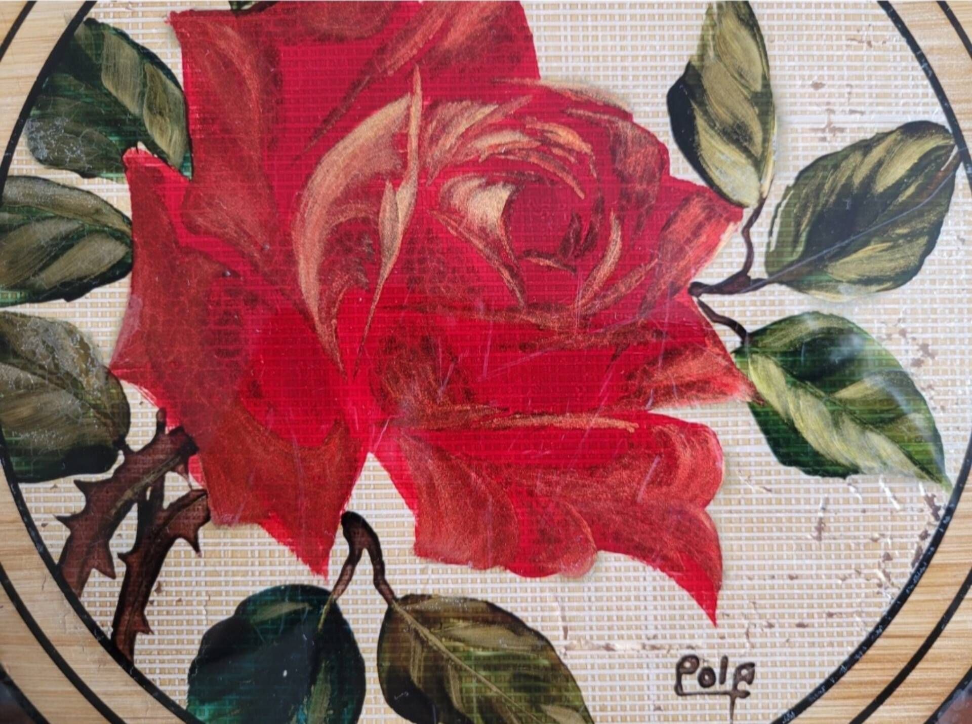 Art deco plateau, signed pola, painted glass, bamboo and rice straw.