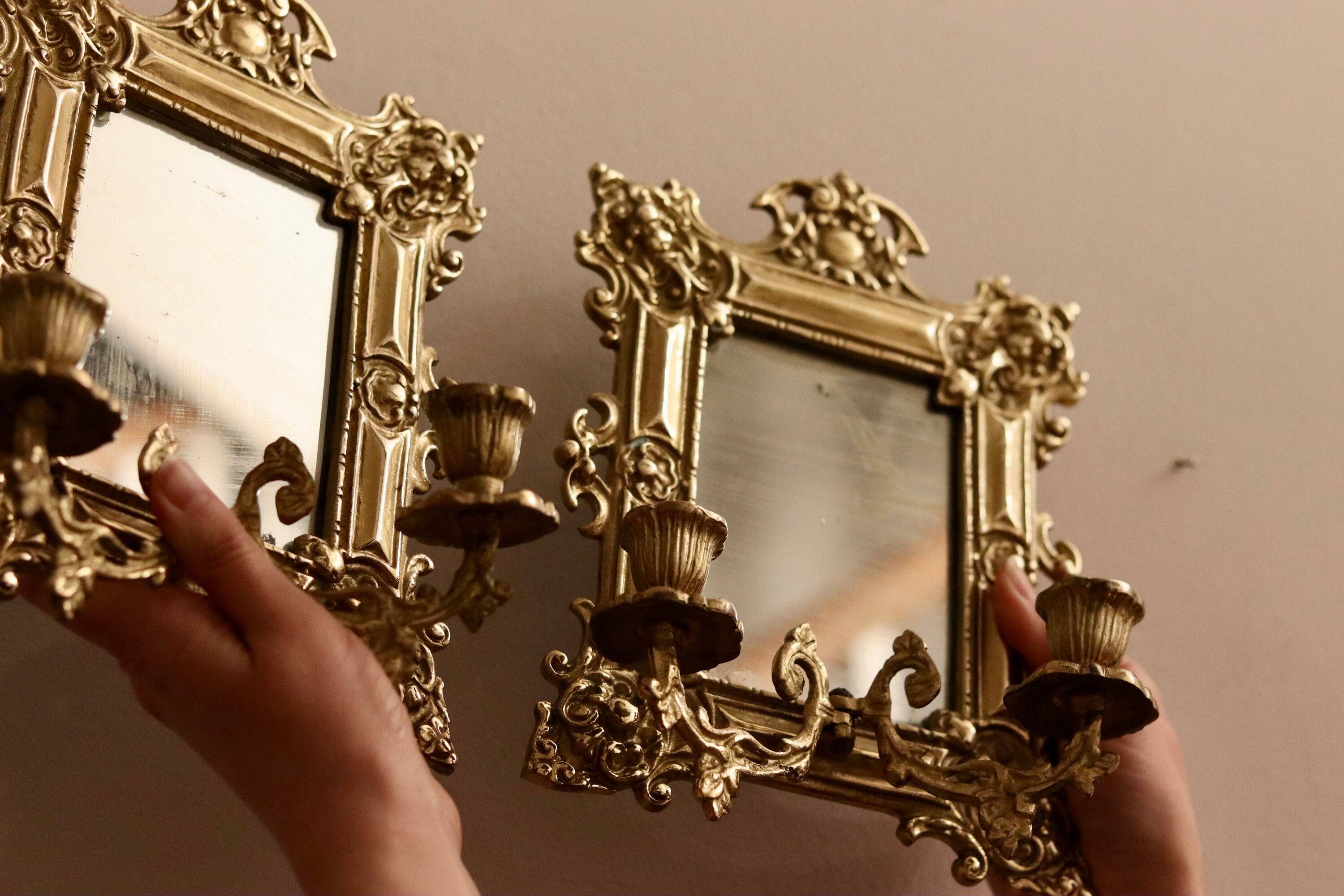 Appliques en laiton antique avec miroirs, Suède