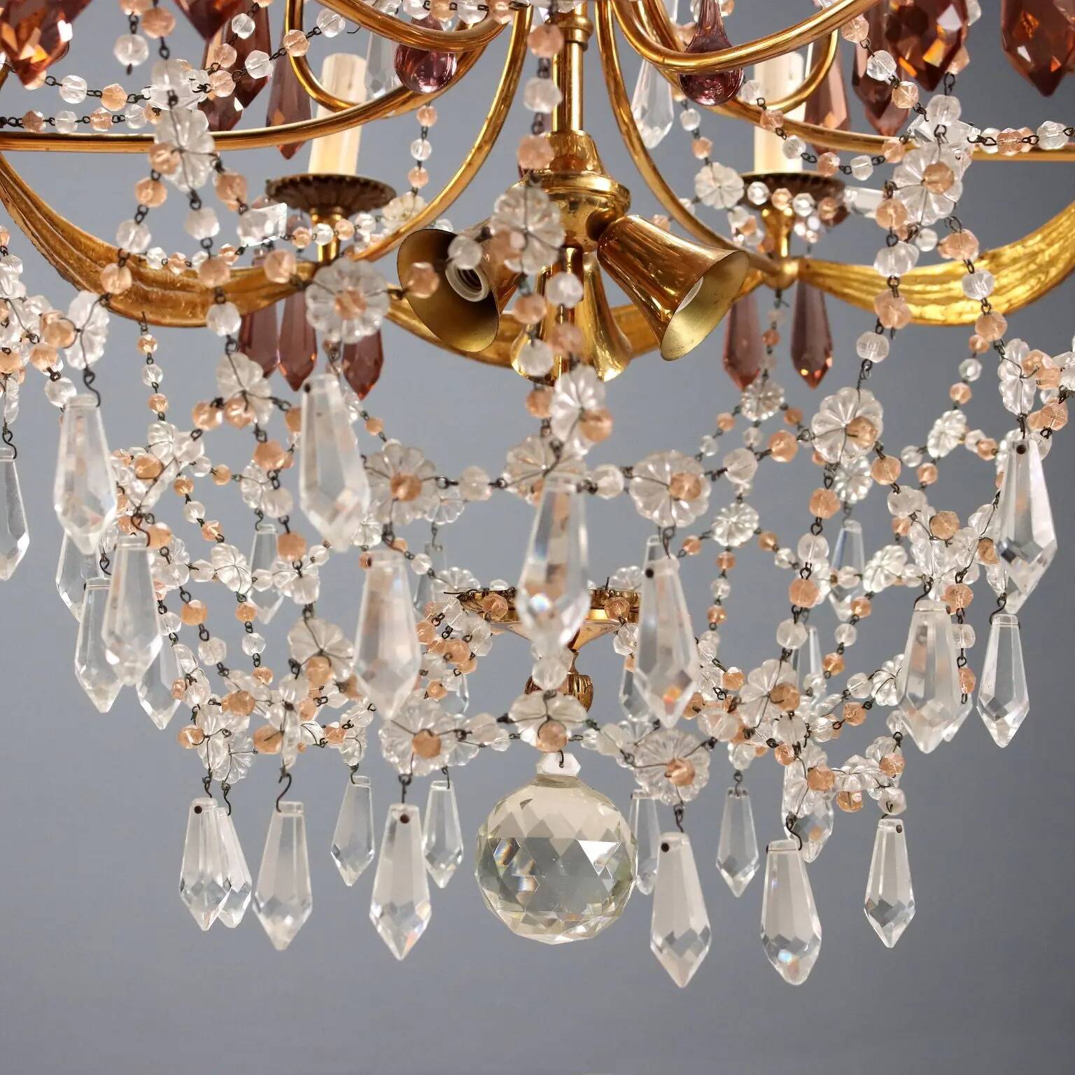 Lustre ancien en bronze et cristal 12 lumières Italie XX Century