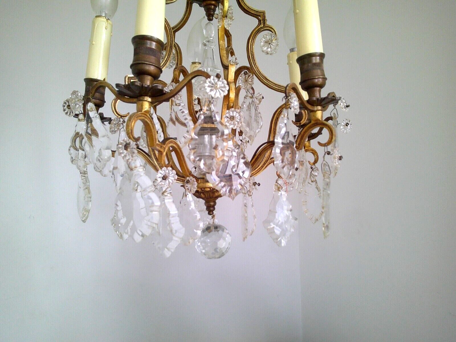 French antique bronze glass & crystal 5 light cage chandelier 4032