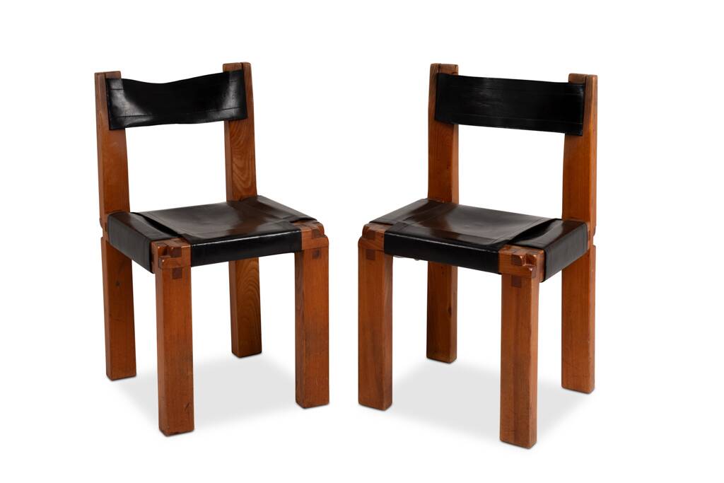 Pierre Chapo. Series of 8 "S11" chairs in elm and leather. 1960s-70s.