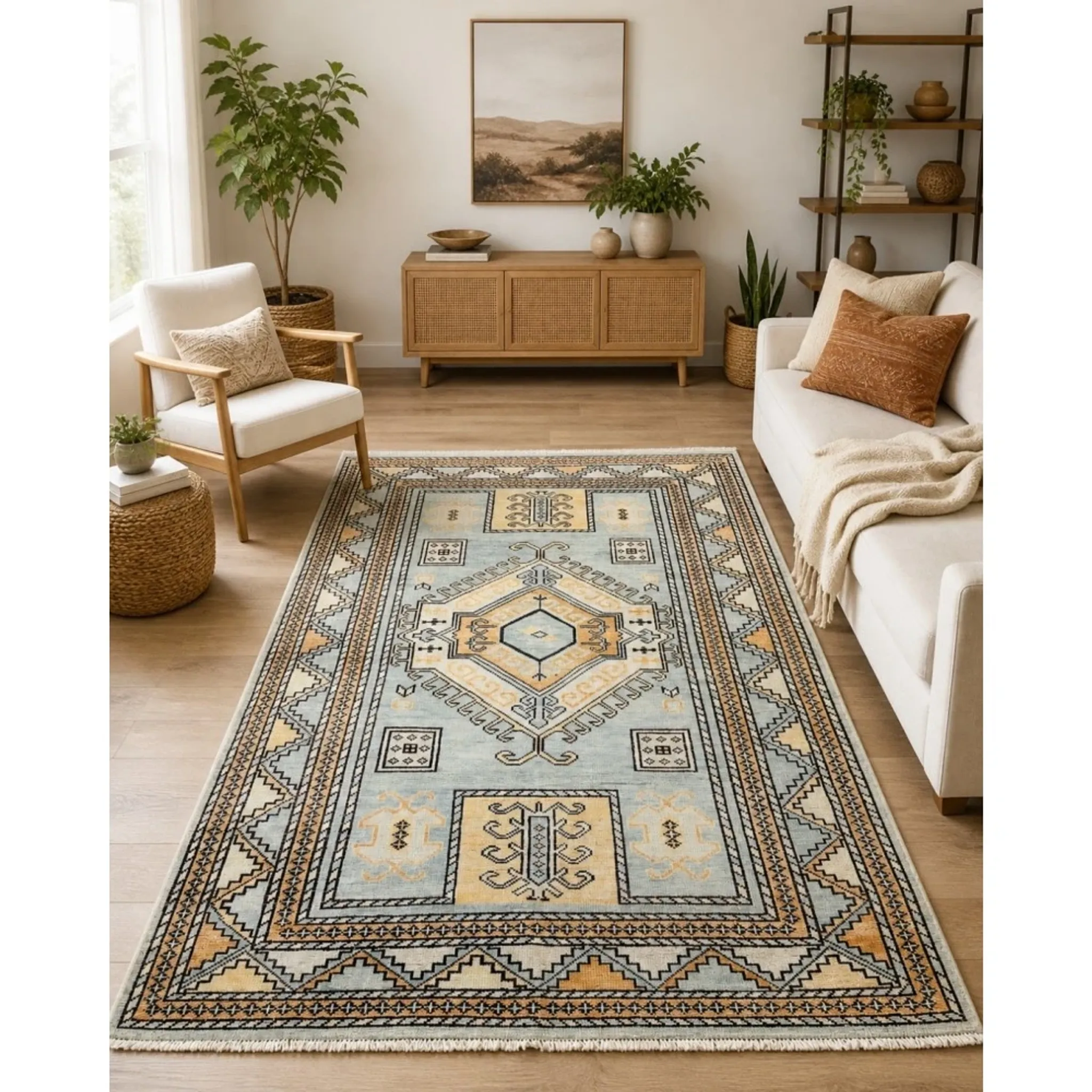 Decorative Wool Area Rug with Geometric Medallion Design. Hand-knotted Oushak Carpet