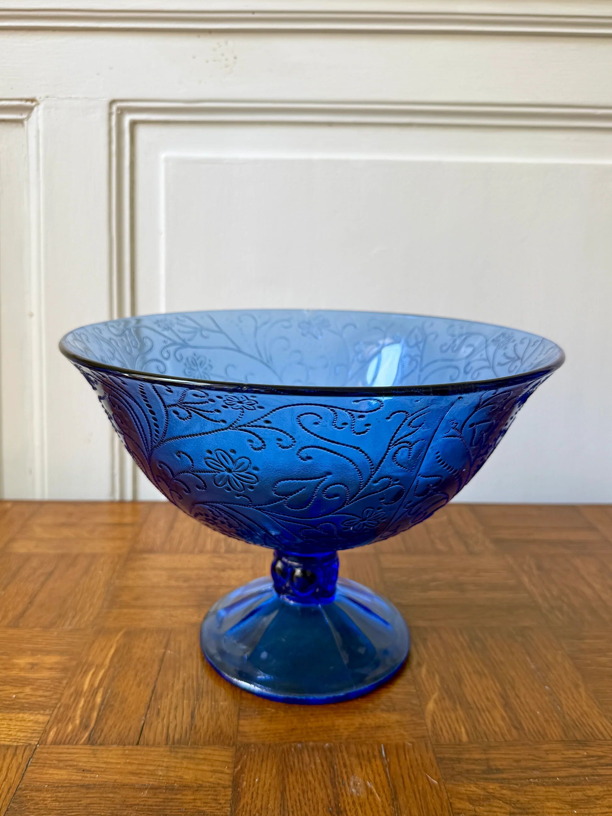 Bluish glass fruit bowl