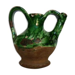 Gargoulette poterie en terre cuite vernissé vert, année 50