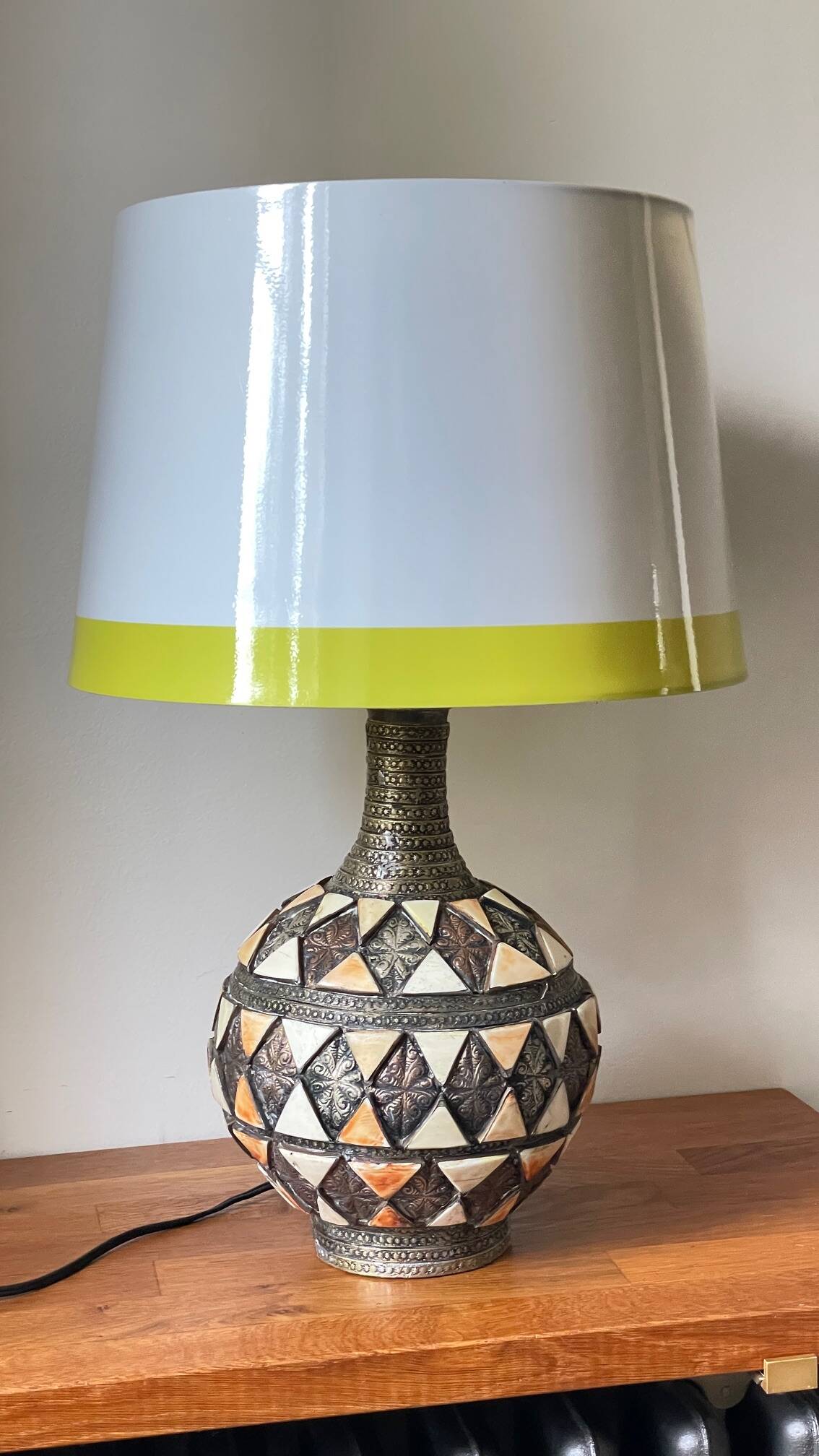 Vintage handcrafted lamp, pottery and silver-plated metal