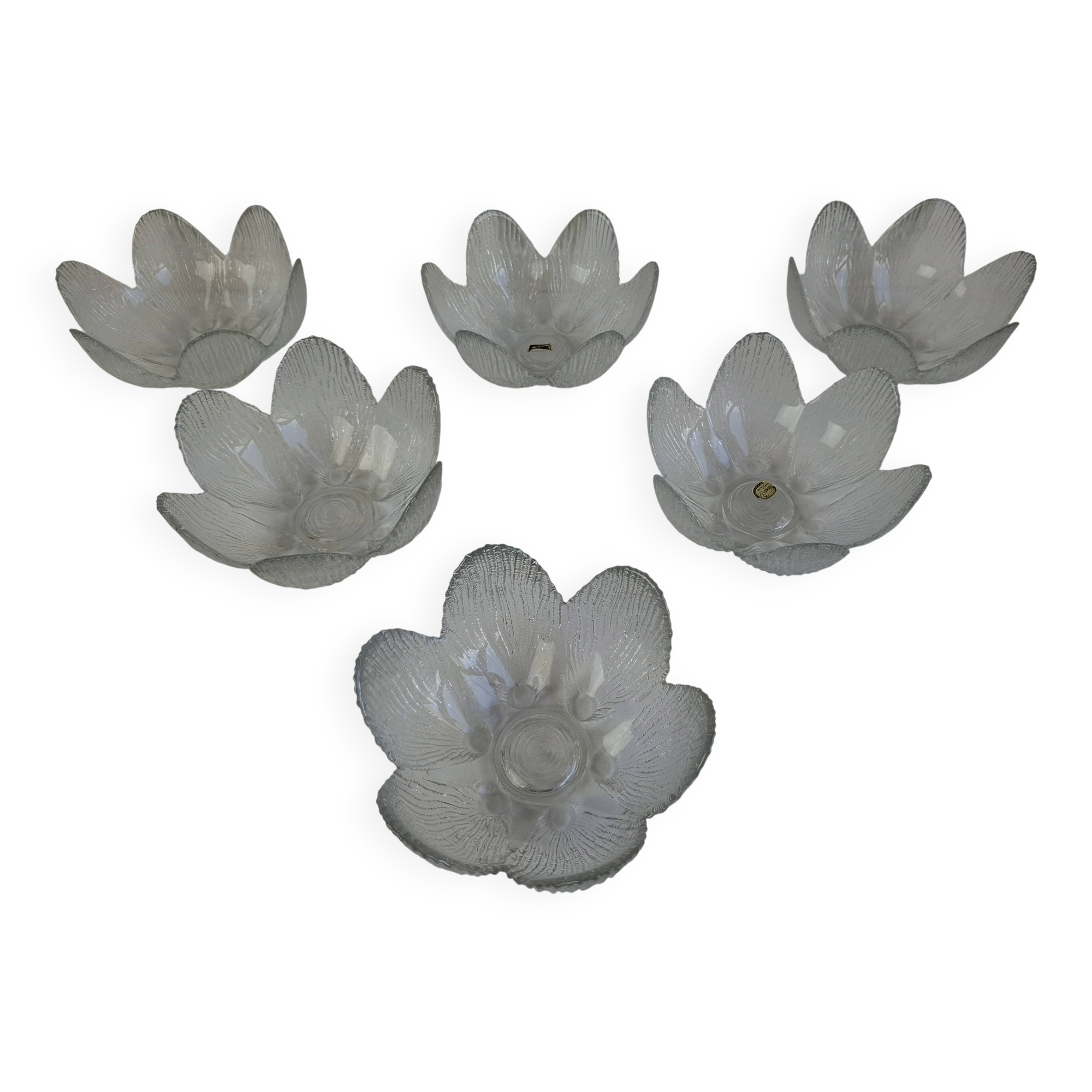 Set of 6 Bohemia Glass Flower Dessert Bowls, Czechoslovakia, circa 1960