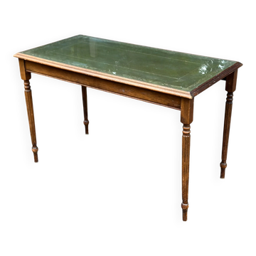 English Regency style coffee table in green leather with gilding and glass from the 1960s.