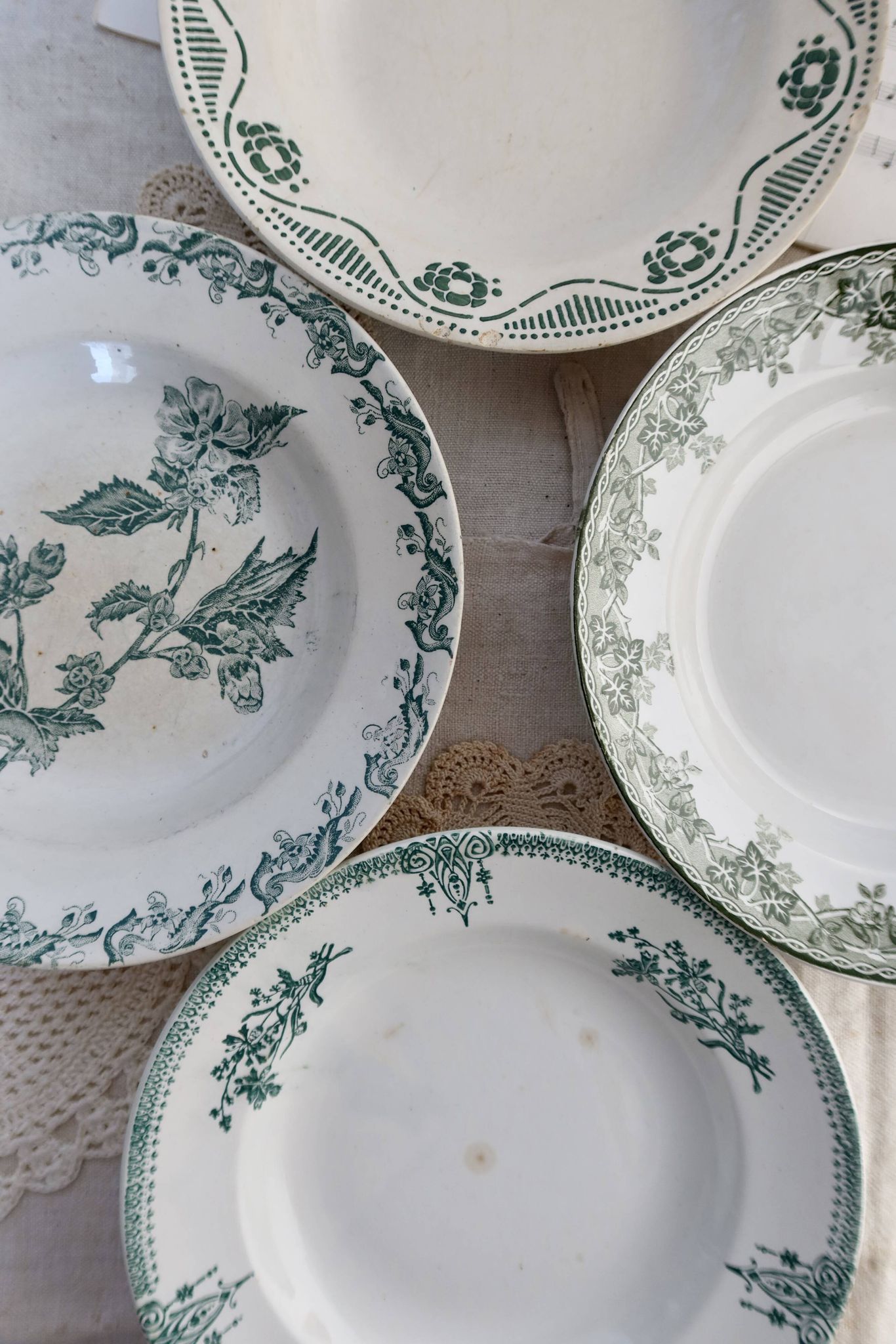 4 mismatched old green ironstone deep plates