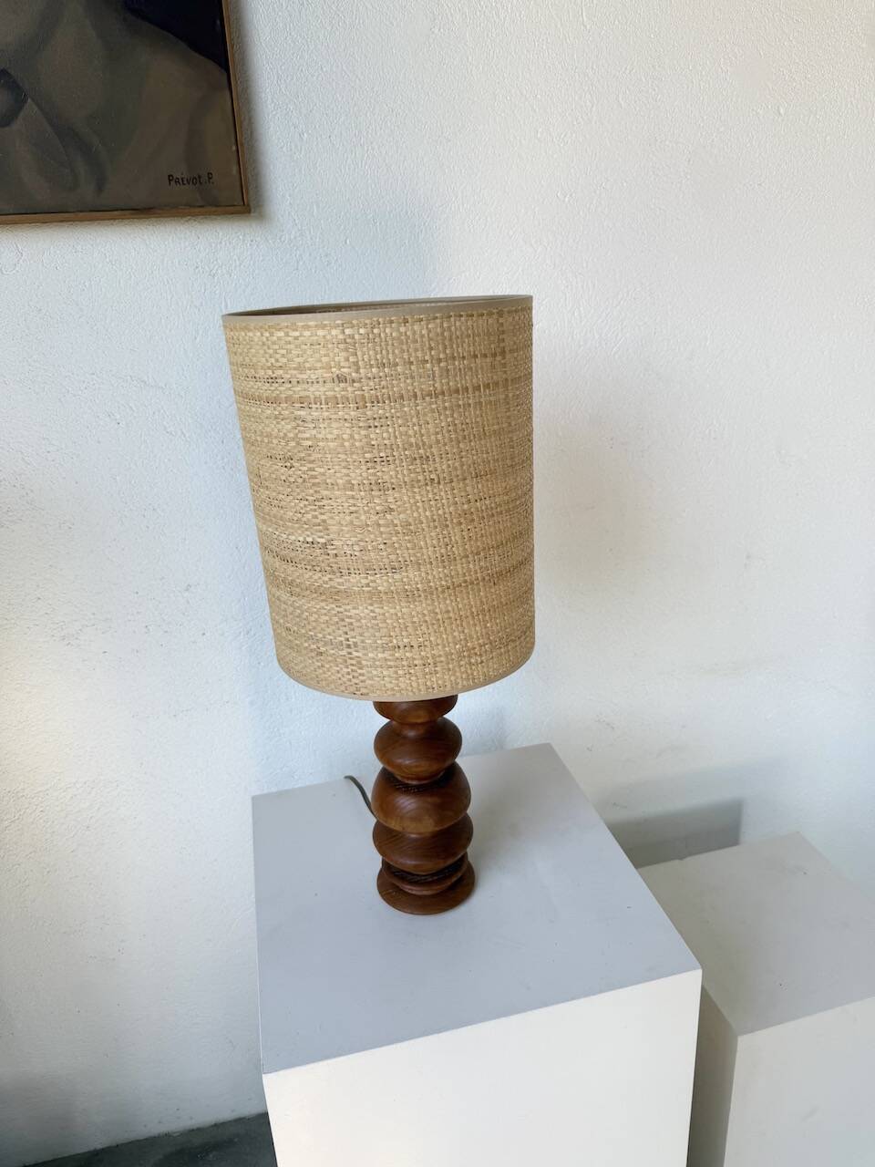 1950s turned oak wood table lamp