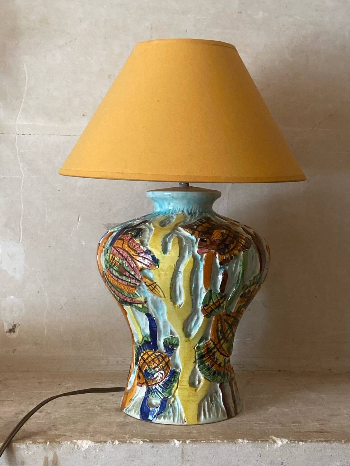 Ceramic lamp signed Claude Pruffert – Vallauris, marine decor in relief