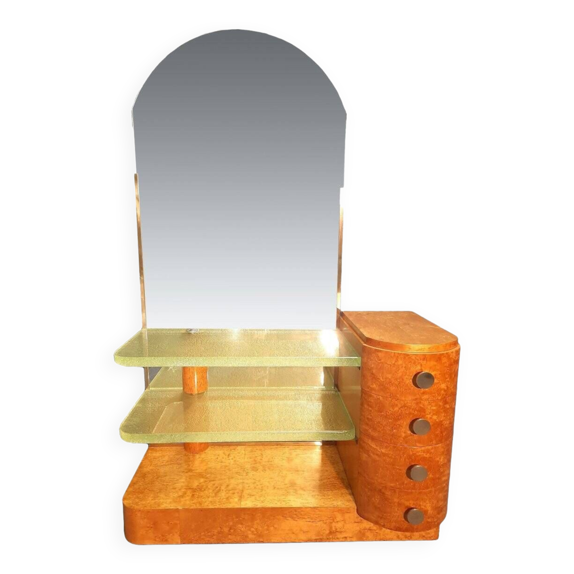 Coiffeuse Art Déco en bois clair et dalles de verre