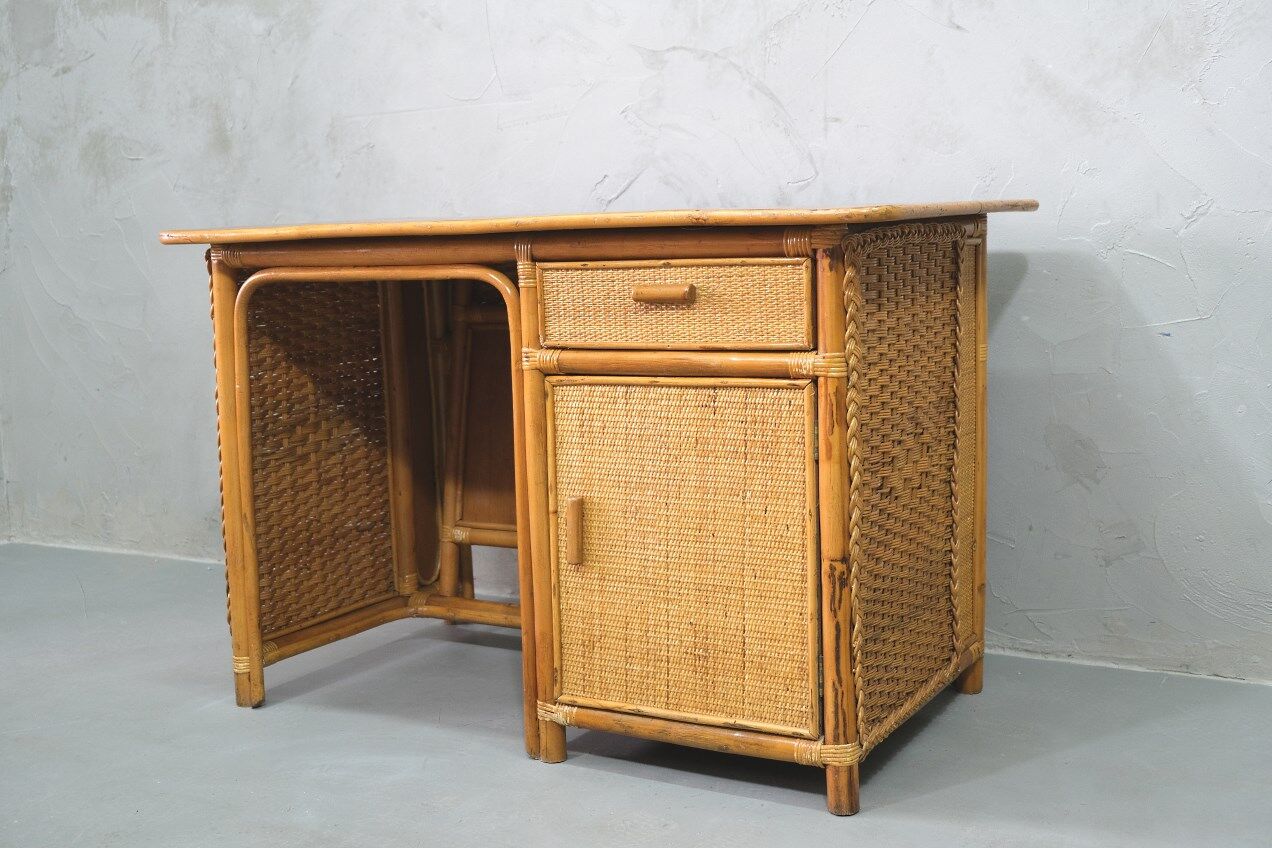 Mid-century italian bamboo, rattan and teak desk, 1960s