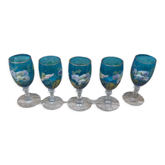 Set of 5 small enamelled glasses with old legs liqueur Georges Sand