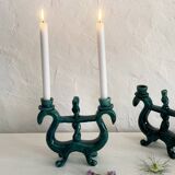 Duo of double green ceramic candle holders