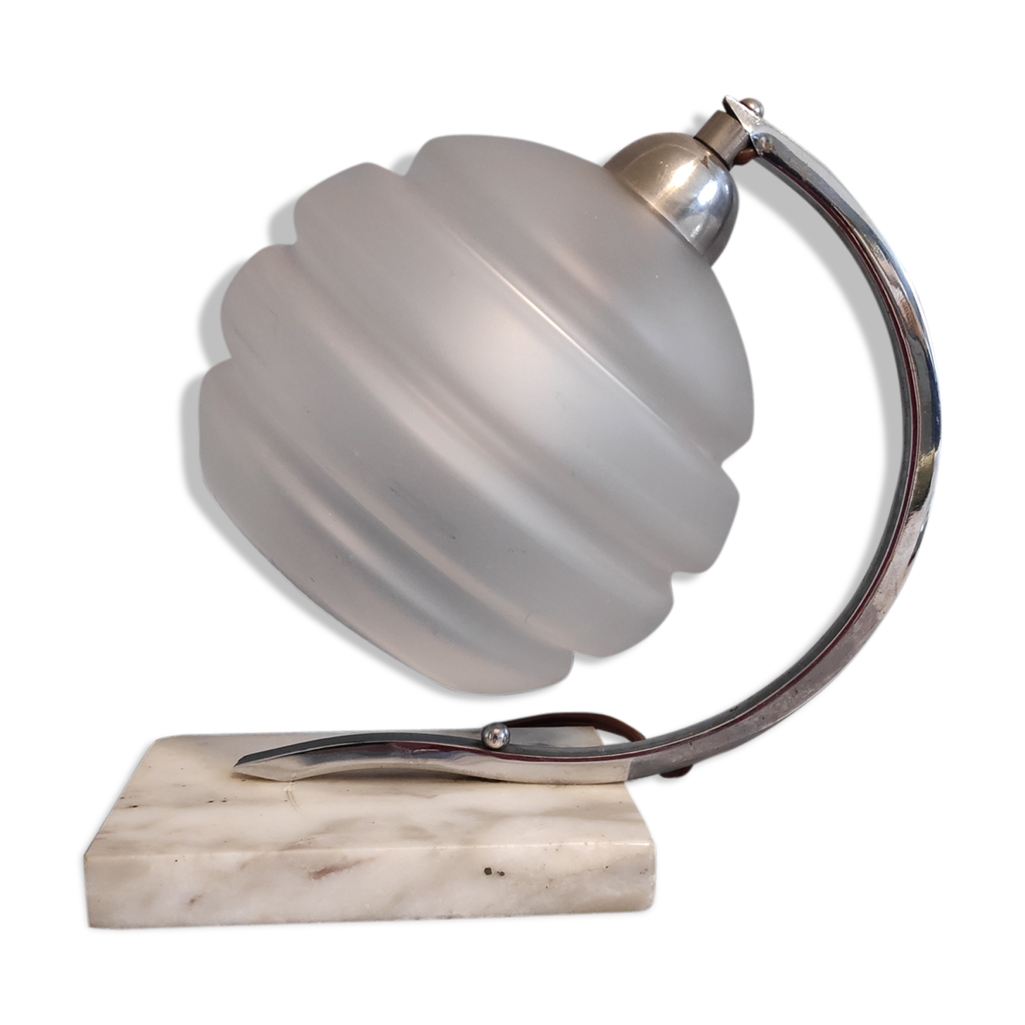 Art deco lamp white marble base, satin frosted glass tulip