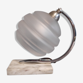 Art deco lamp white marble base, satin frosted glass tulip