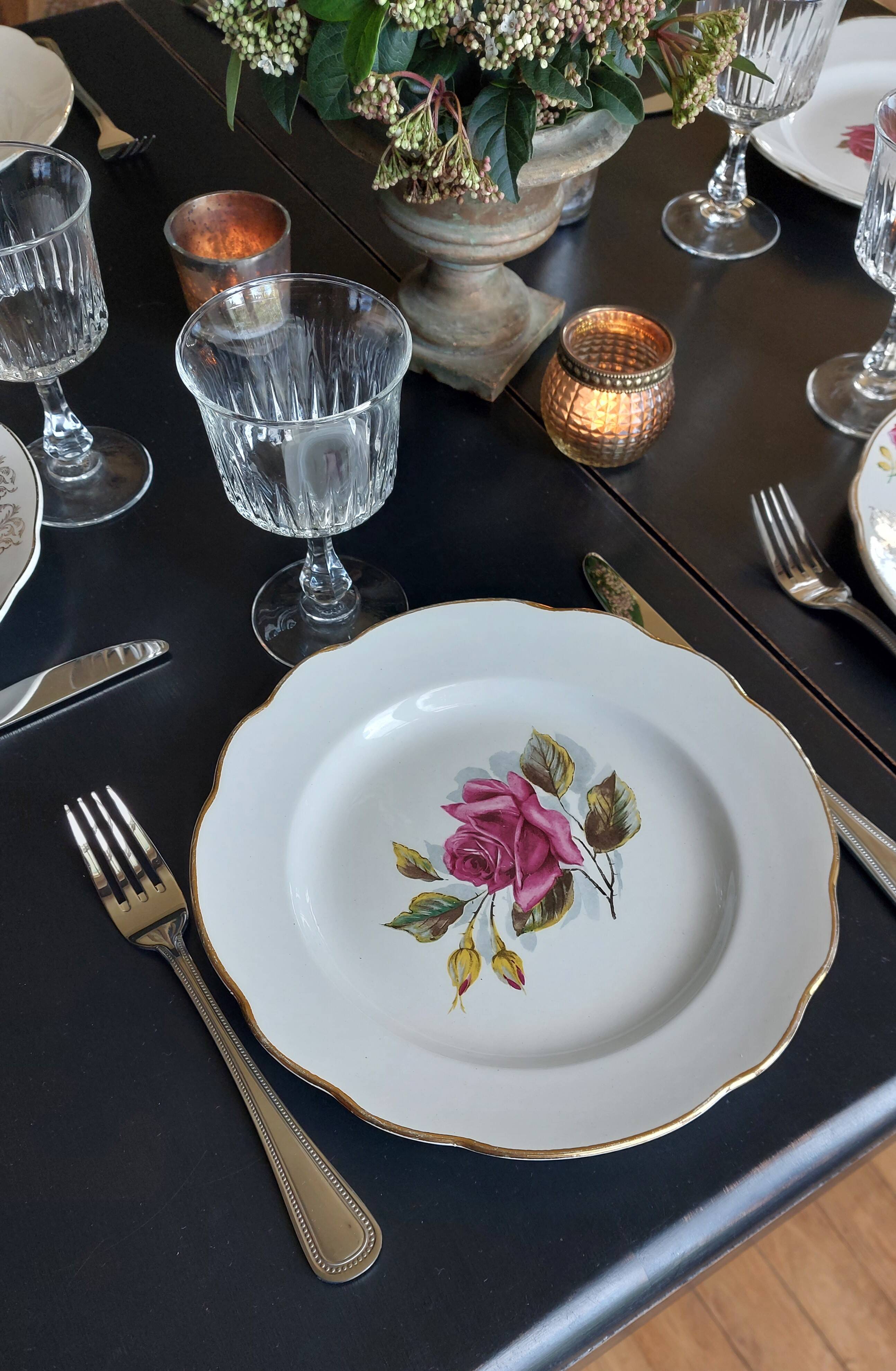 Mismatched set of 6 rose motif plates