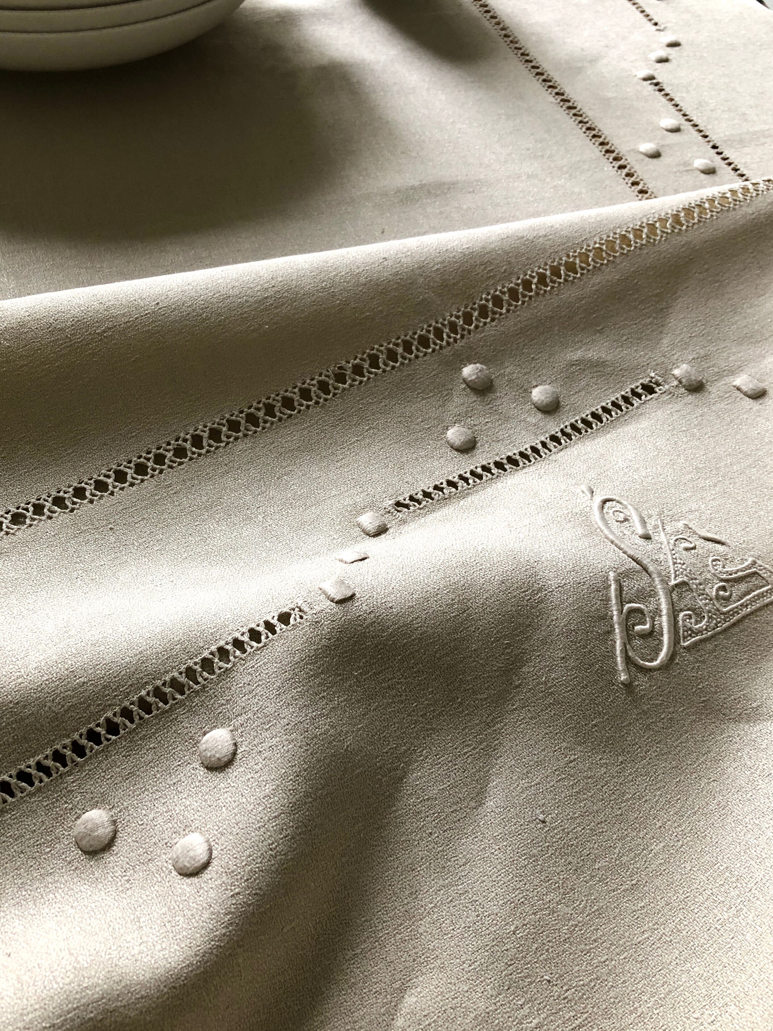 Antique linen tablecloth and whipped cream silk