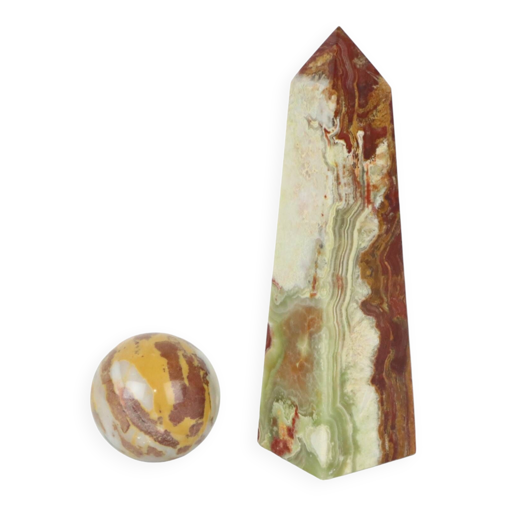Veined onyx marble obelisk and polished sphere paperweight