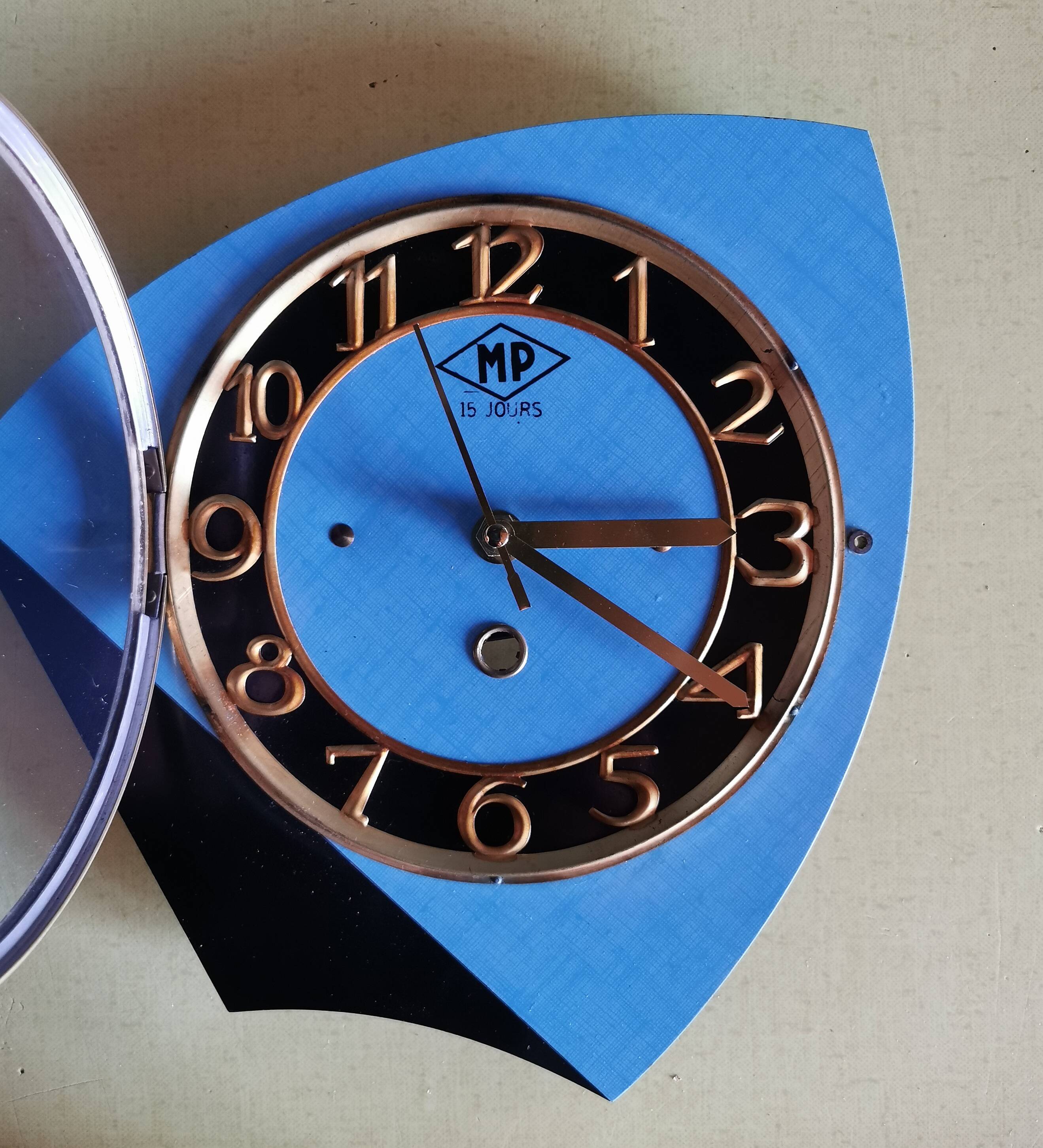 Vintage formica clock silent asymmetrical wall pendulum "MP blue black"
