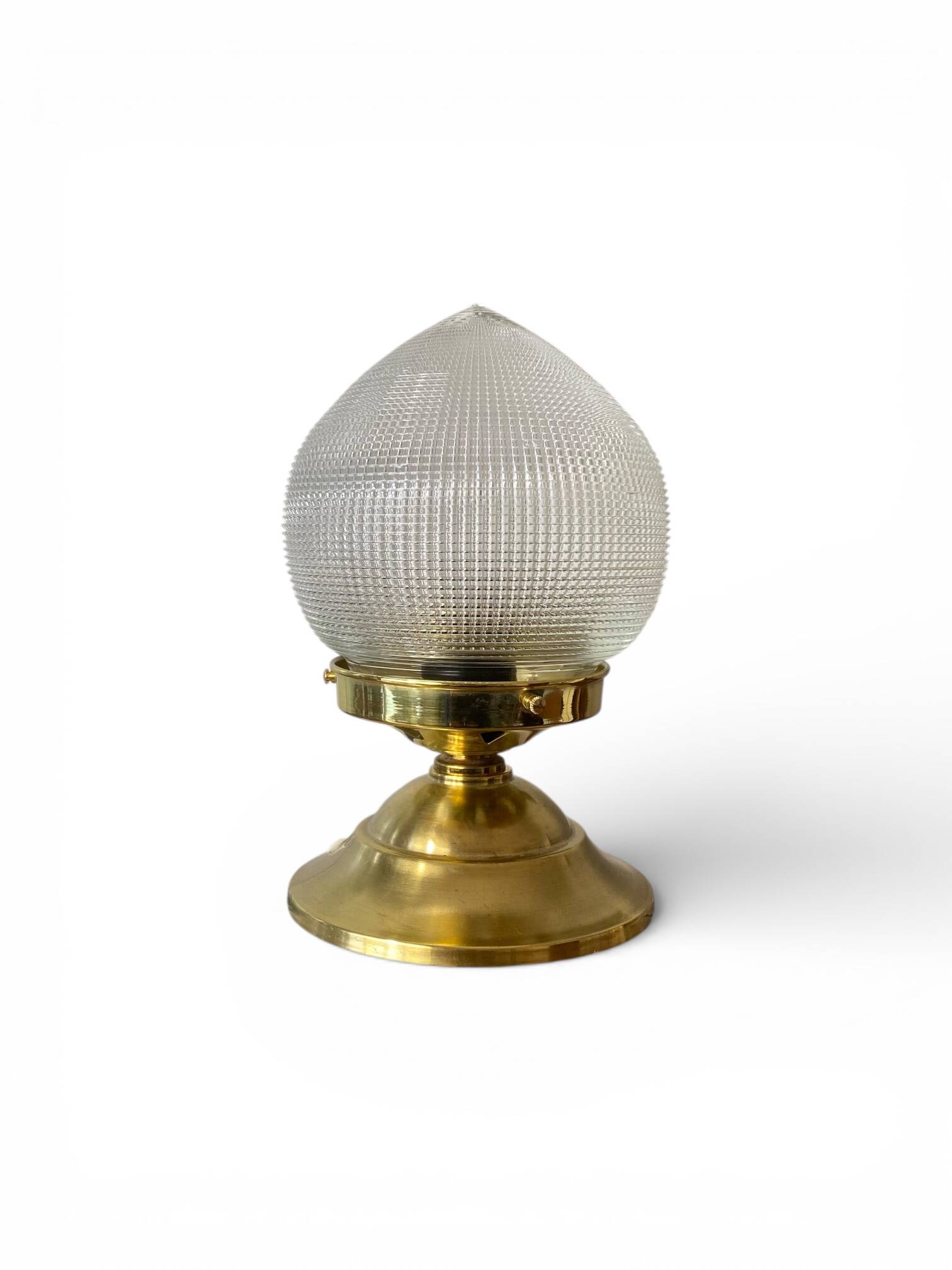 Antique globe table lamp in glass, Holophane type, and brass.