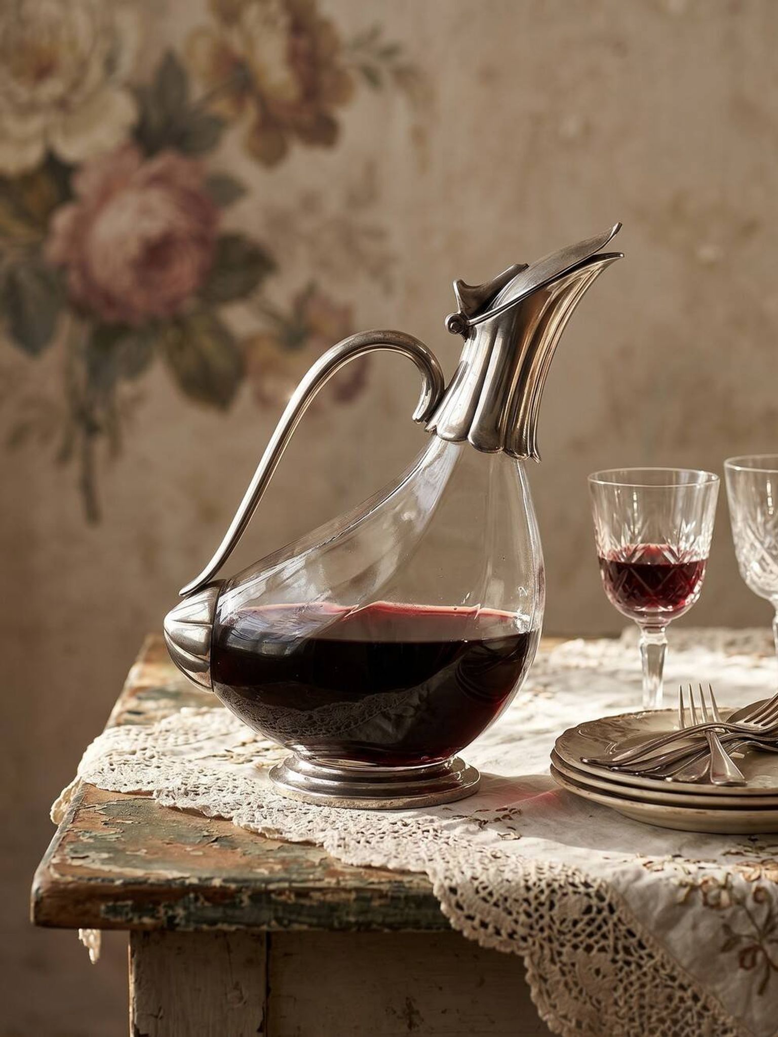 Vintage glass and silver-plated metal jug, modernist pitcher/carafe from 1950-1970.