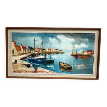 Huile sur toile originale – « Bateaux » par Lennart Börje – Signé – Vintage et encadré 88,5 cm x 48,5 cm (34,8" × 19")
