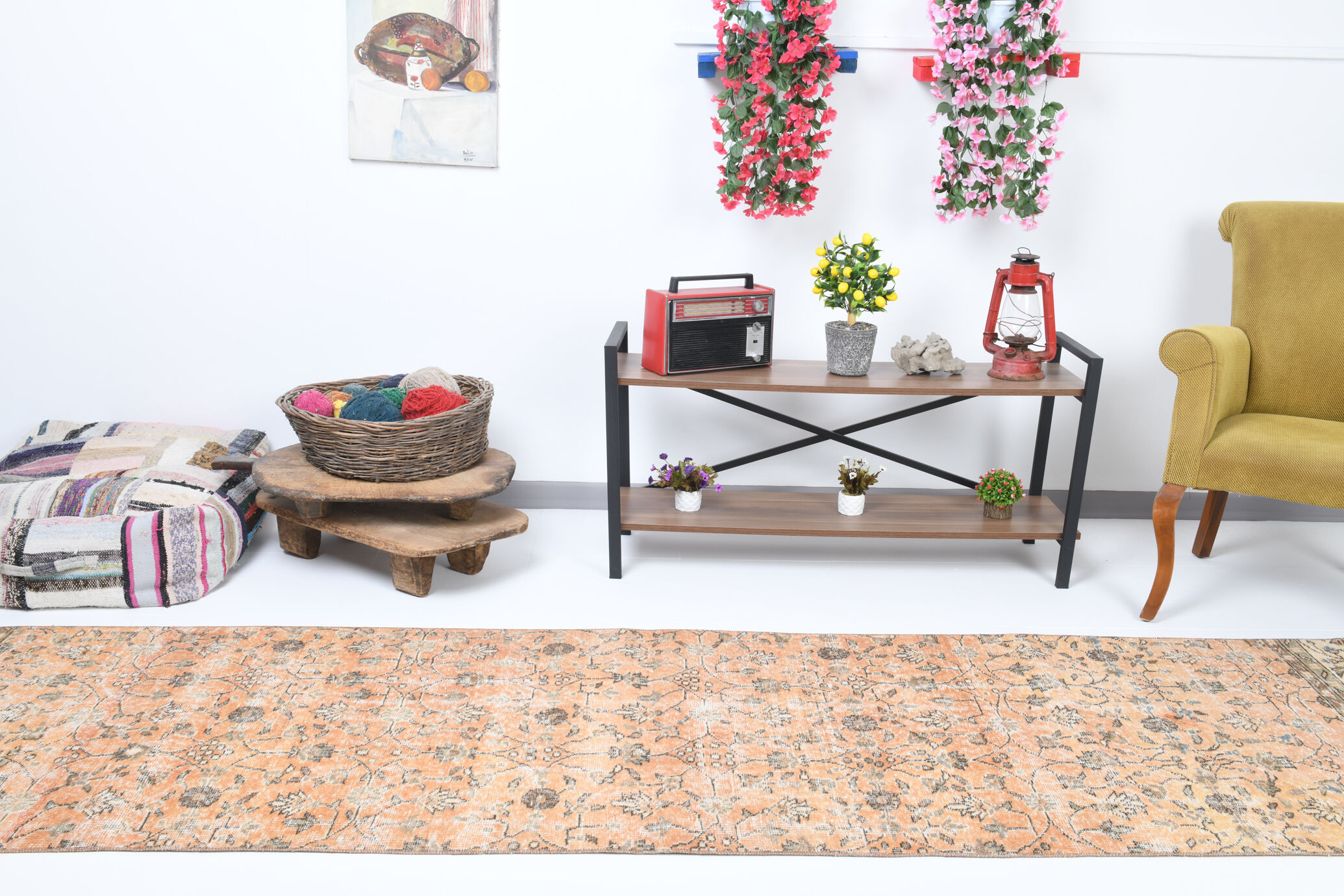 Tapis floral orange vintage, 340x85cm