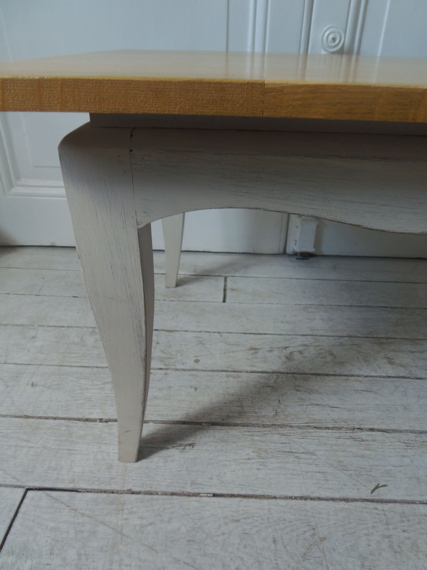 Vintage coffee table patinated pearl gray waxed finish, top against glued varnished oak