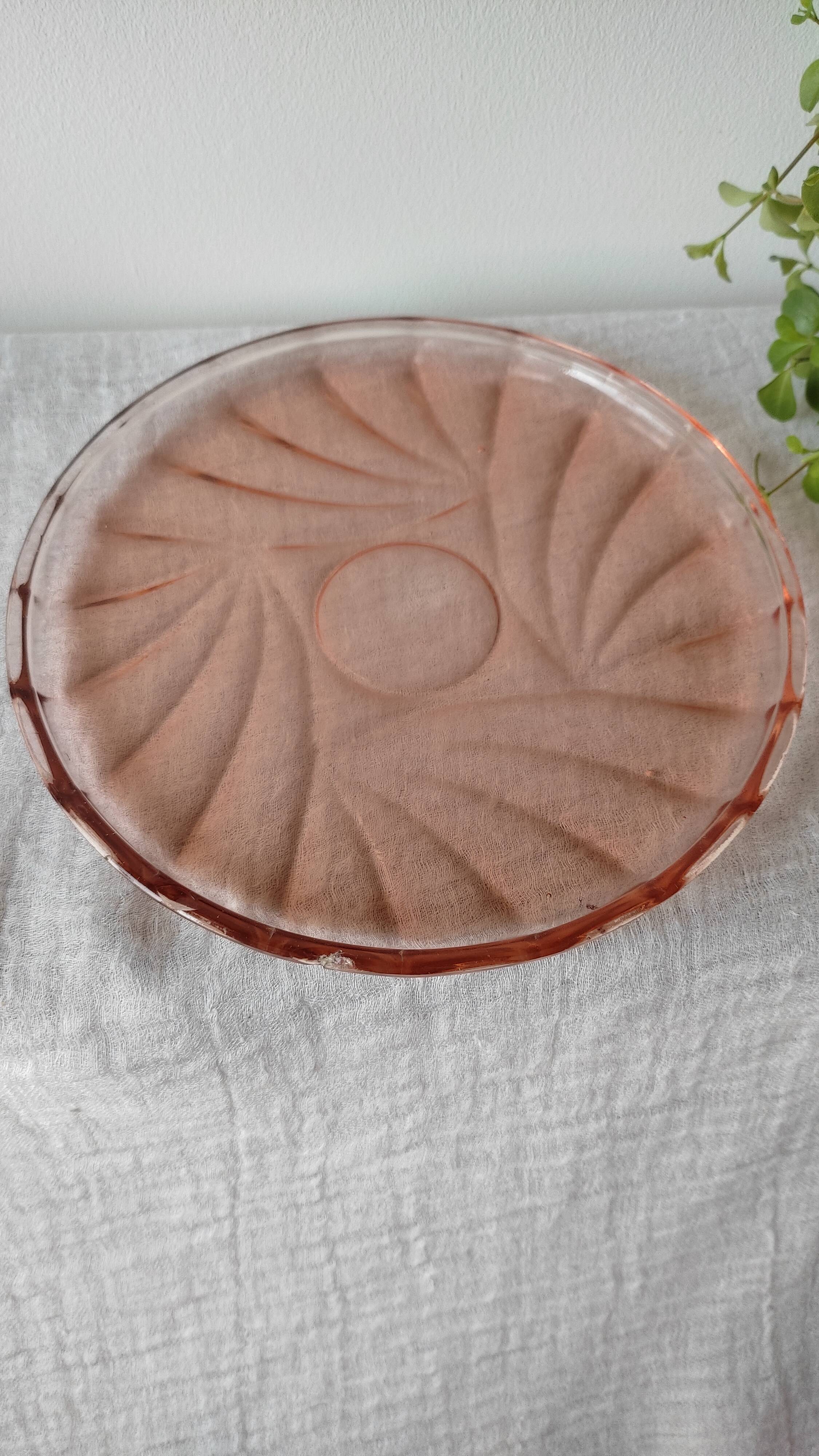 Old cheese or dessert bell and its pink art deco pressed glass tray