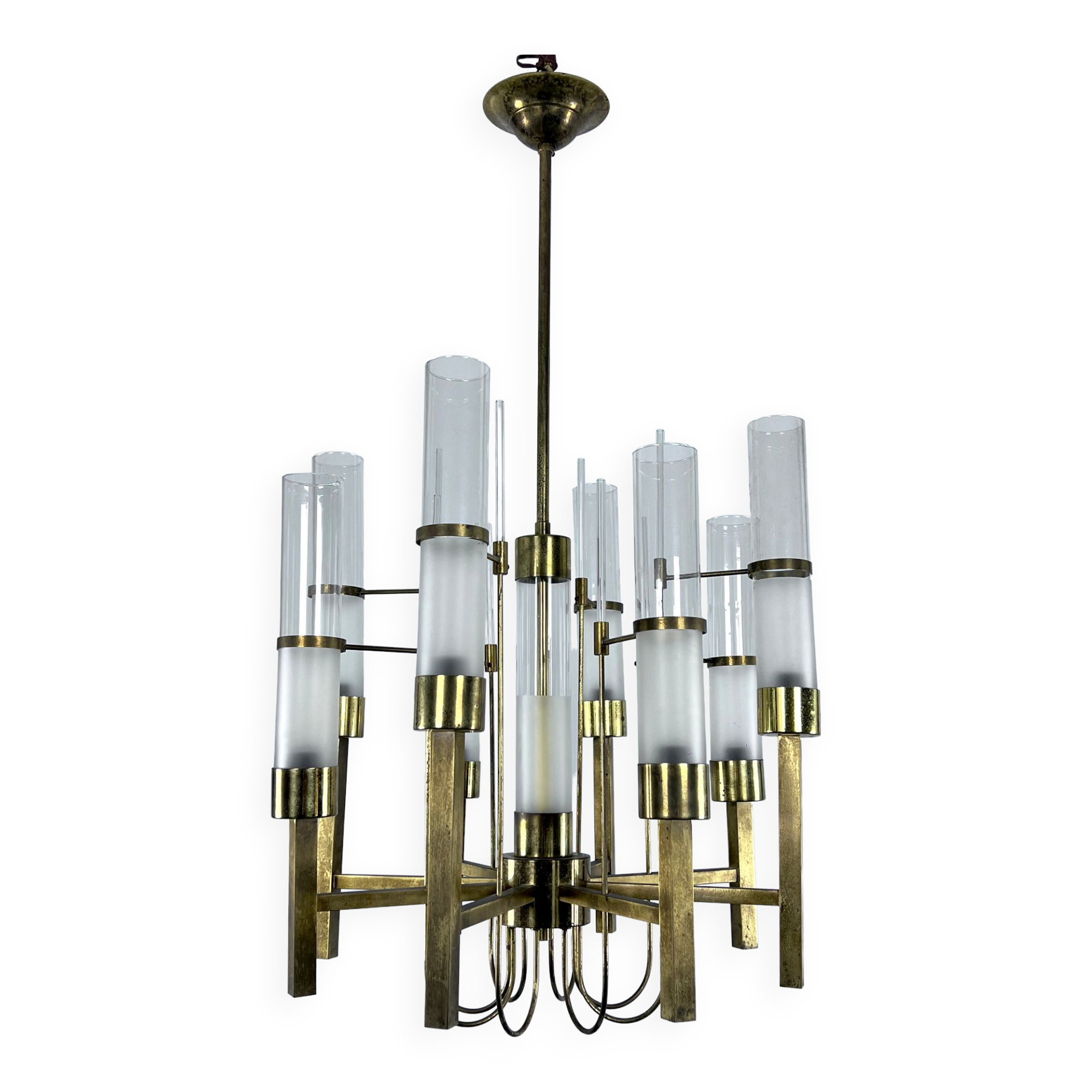 Sciolari, eight arms brass and glass tube chandelier. Italy 1960s