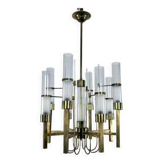 Sciolari, eight arms brass and glass tube chandelier. Italy 1960s