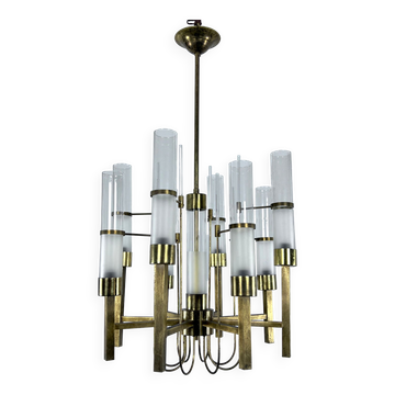 Sciolari, eight arms brass and glass tube chandelier. Italy 1960s