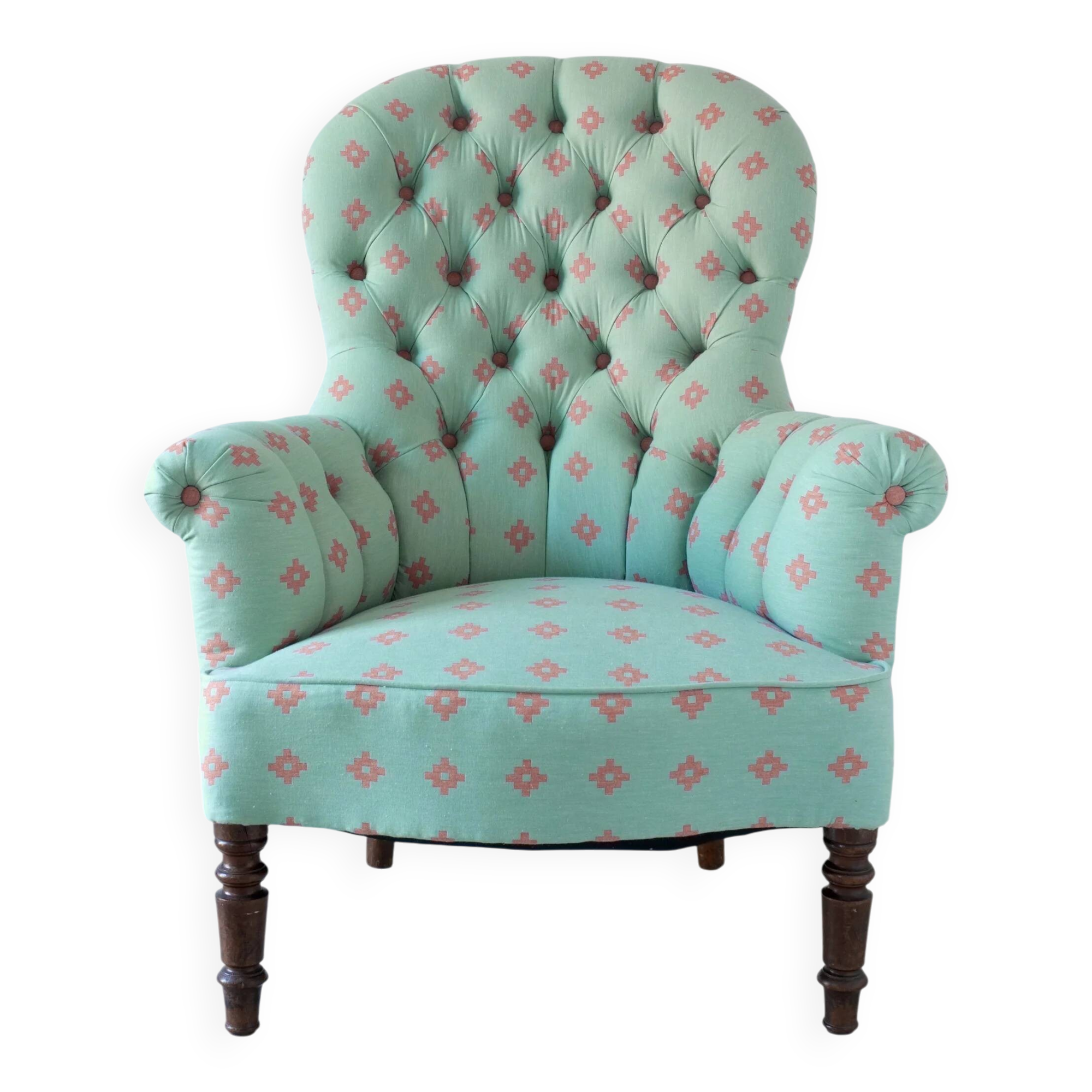 Vintage green coral button back armchair | Belgium