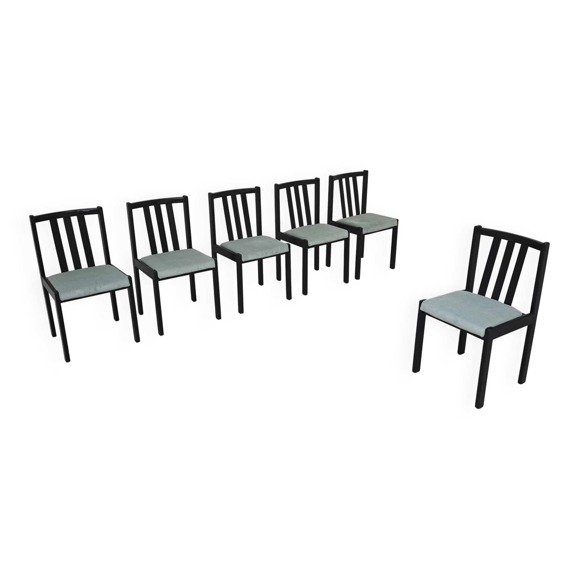 Set of 6 modernist black chairs with light blue-green ribbed fabric.