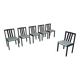 Set of 6 modernist black chairs with light blue-green ribbed fabric.